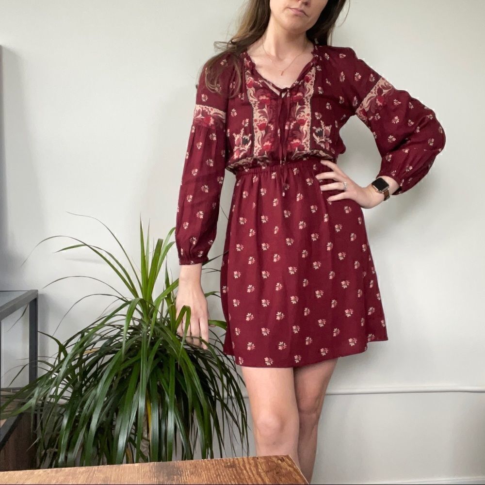 Lucky Brand Long-Sleeve Tie-Neck Fit & Flare Peasant Dress XS